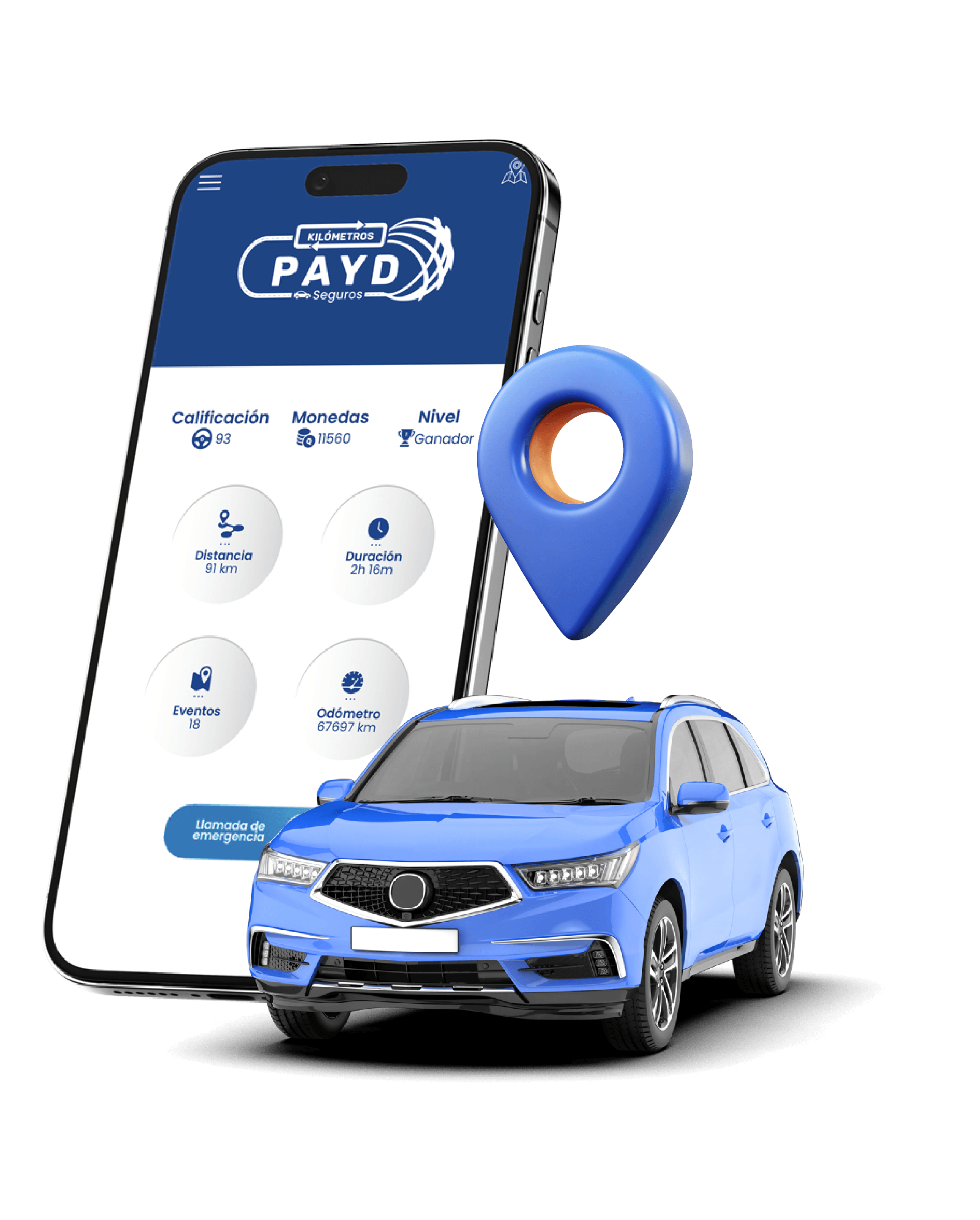 App PAYD con vehículo y pin de ubicación
